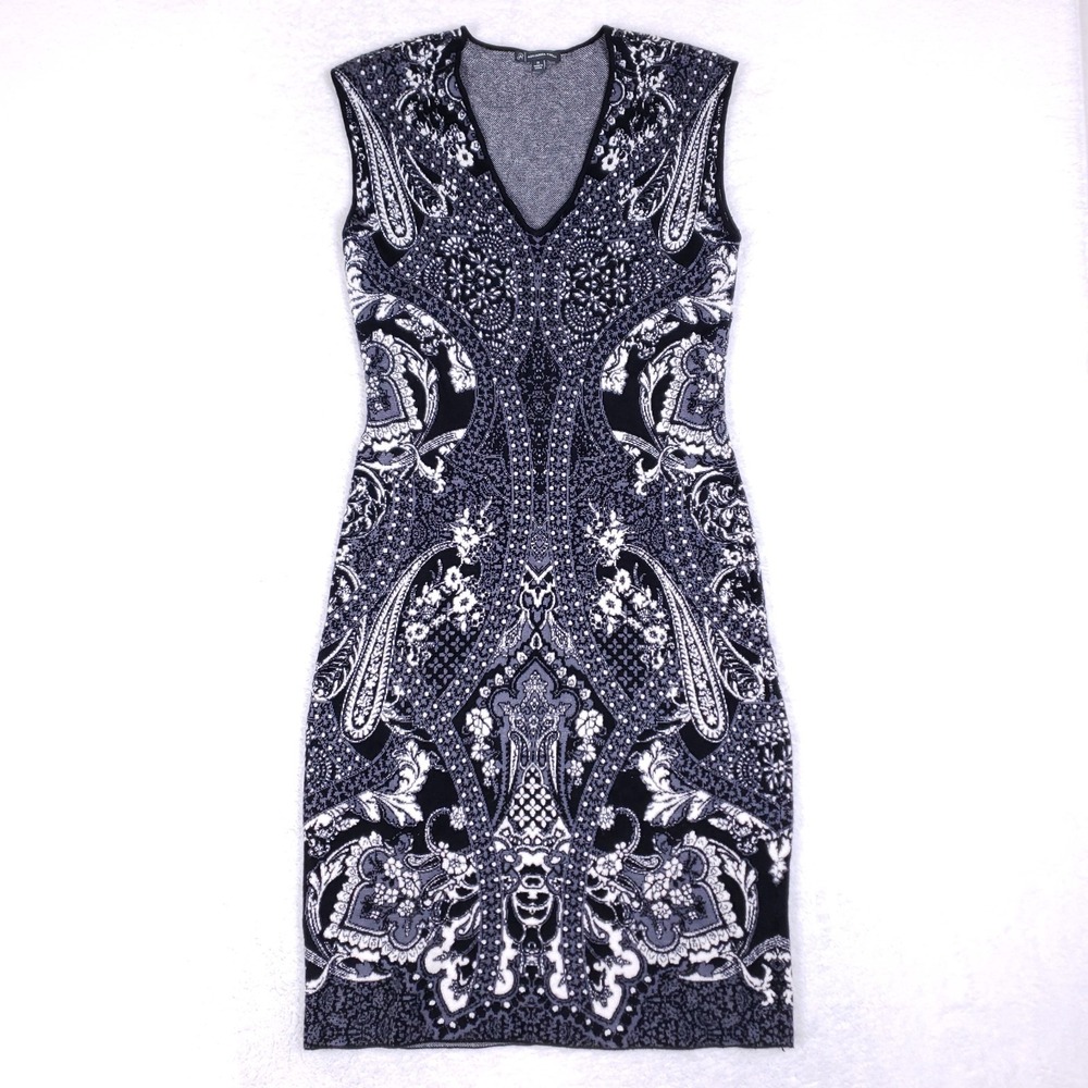 Adrianna Papell Black White Paisley‎ Knit Sheath Dress Size M Bodycon Style